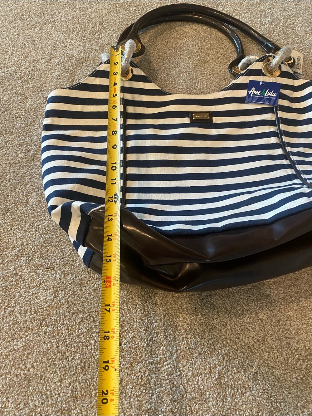 Striped Navy and White Canvas Tote with Brown Trim - Picture 5 of 8